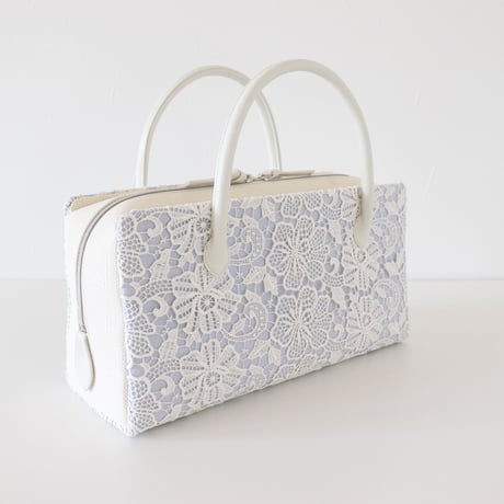 利休バッグ  / White  Lace & Blue Linen / R_1053