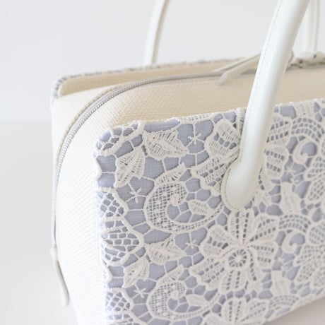 利休バッグ  / White  Lace & Blue Linen / R_1053