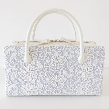 利休バッグ  / White  Lace & Blue Linen / R_1053