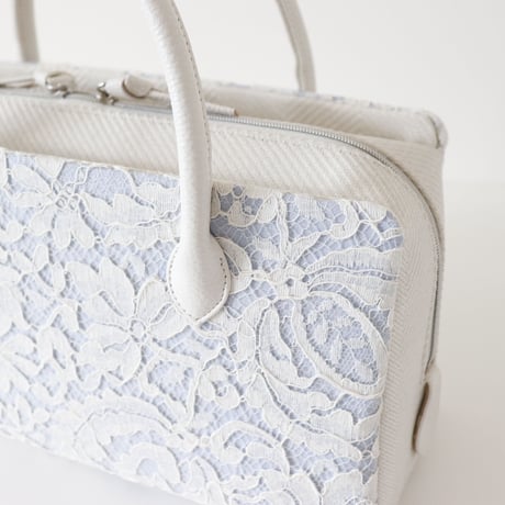 利休バッグ  / White  Lace & Blue Linen / R_1131