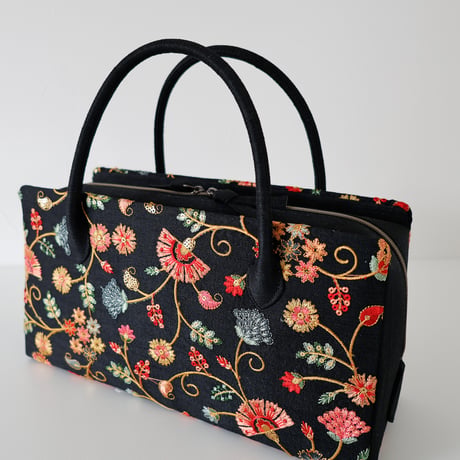 利休バッグ  /black floral/ R_1146