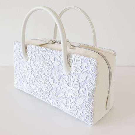 利休バッグ  / White  Lace & Blue Linen / R_1053