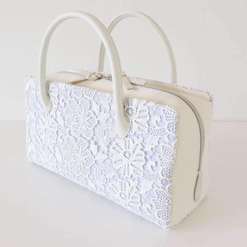 白牡丹　利休バック 利休バッグ / White Lace & Blue Linen / R_1053 | Da