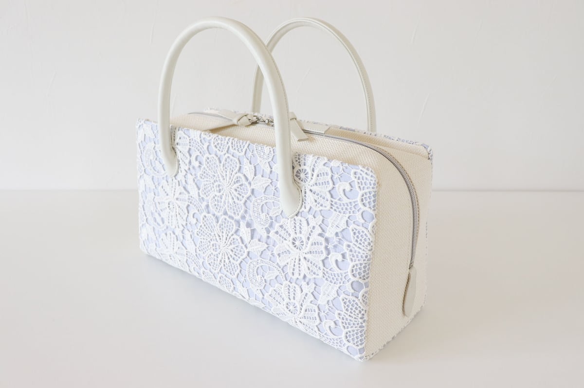 白梅☆利休バック☆新品未使用☆日本製 利休バッグ / White Lace & Blue Linen / R_1053 | Da