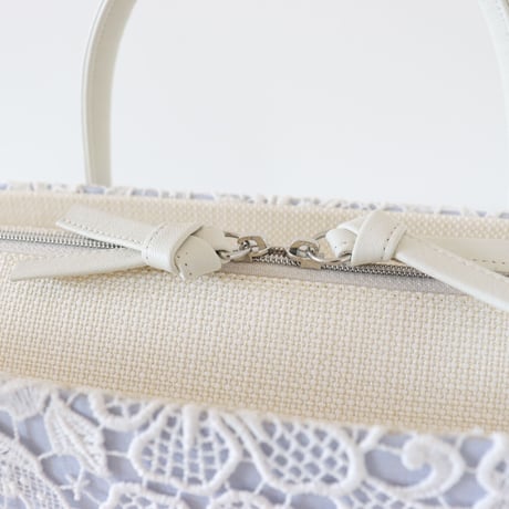 利休バッグ  / White  Lace & Blue Linen / R_1053