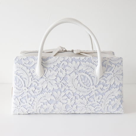 利休バッグ  / White  Lace & Blue Linen / R_1131