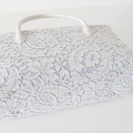 利休バッグ  / White  Lace & Blue Linen / R_1131