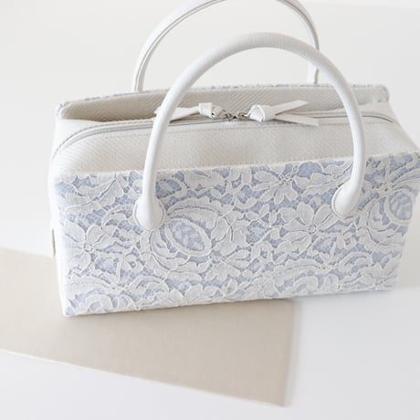 利休バッグ  / White  Lace & Blue Linen / R_1131