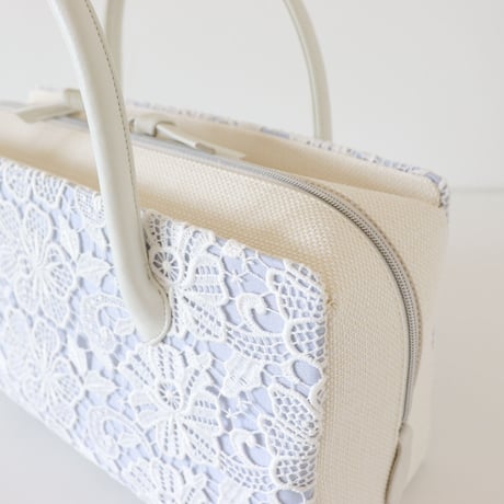利休バッグ  / White  Lace & Blue Linen / R_1053