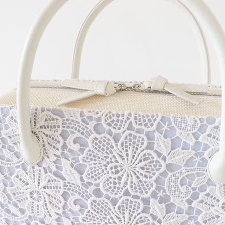 利休バッグ  / White  Lace & Blue Linen / R_1053