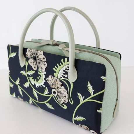 利休バッグ /Black × Green Floral / R_1111