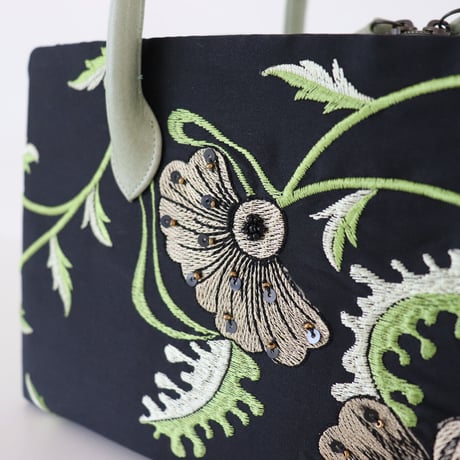 利休バッグ /Black × Green Floral / R_1111