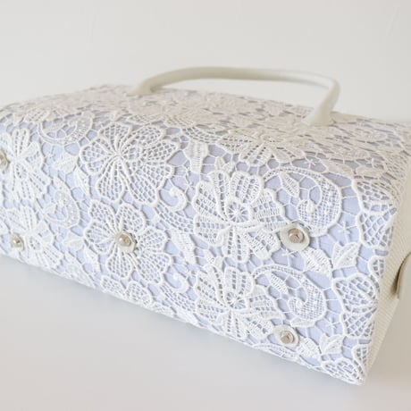利休バッグ  / White  Lace & Blue Linen / R_1053