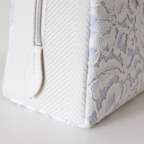 利休バッグ  / White  Lace & Blue Linen / R_1131