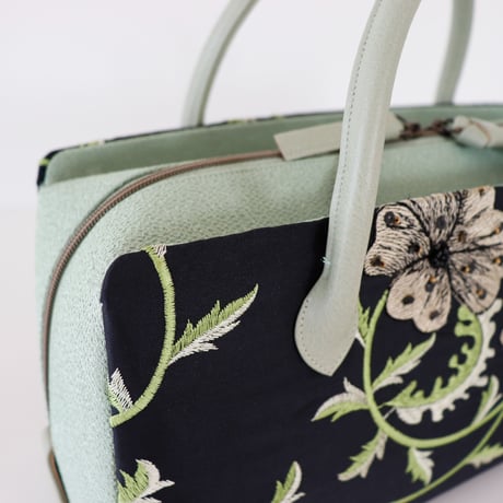 利休バッグ /Black × Green Floral / R_1111