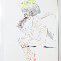 カラーイラスト(泣きながら菓子パンをかじる天使)