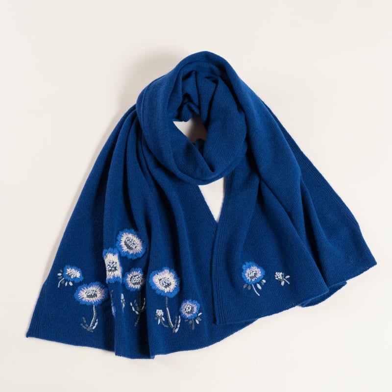 受注生産商品】スカビオザの花の手刺繍カシミヤストール/Col.ロイヤル