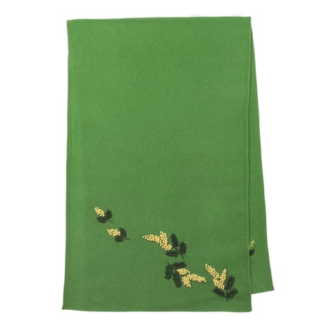 ミモザの花の手刺繍カシミヤストール/Col.グリーン