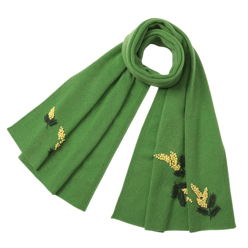 ミモザの花の手刺繍カシミヤストール/Col.グリーン | kaho（カホ) 装う