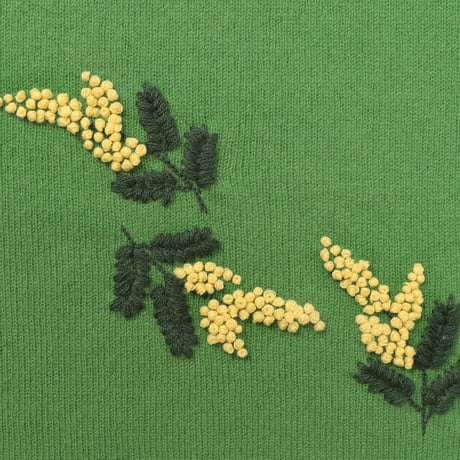 ミモザの花の手刺繍カシミヤストール/Col.グリーン