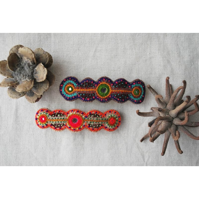 ミラー刺繍のまるまるカラフルバレッタ オレンジ | macree