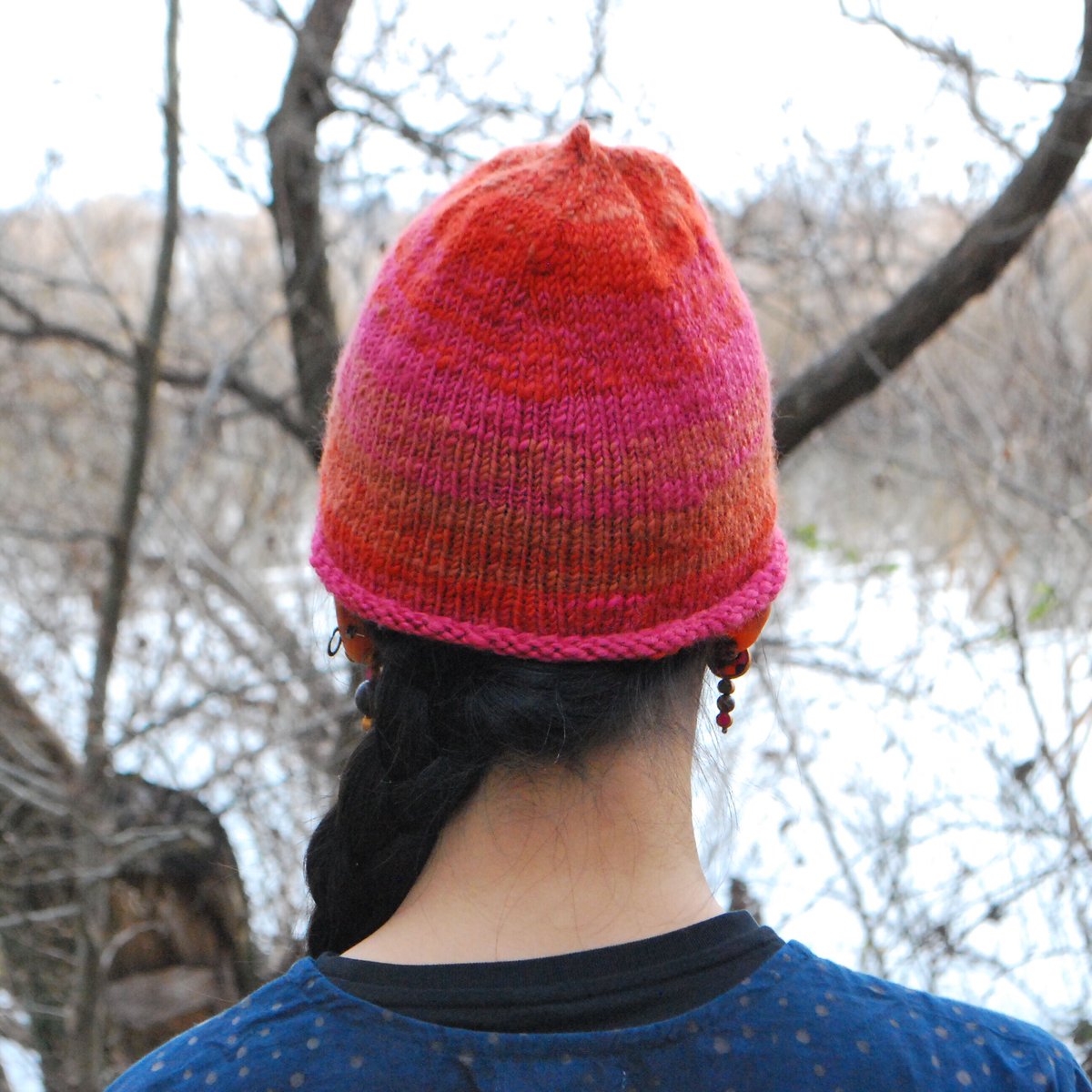 手つむぎ手編みのニット帽 pink orange | macree