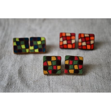 四角モザイクピアス・イヤリング pink green yellow