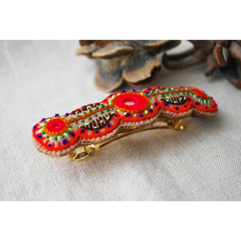 ミラー刺繍のまるまるカラフルバレッタ オレンジ | macree