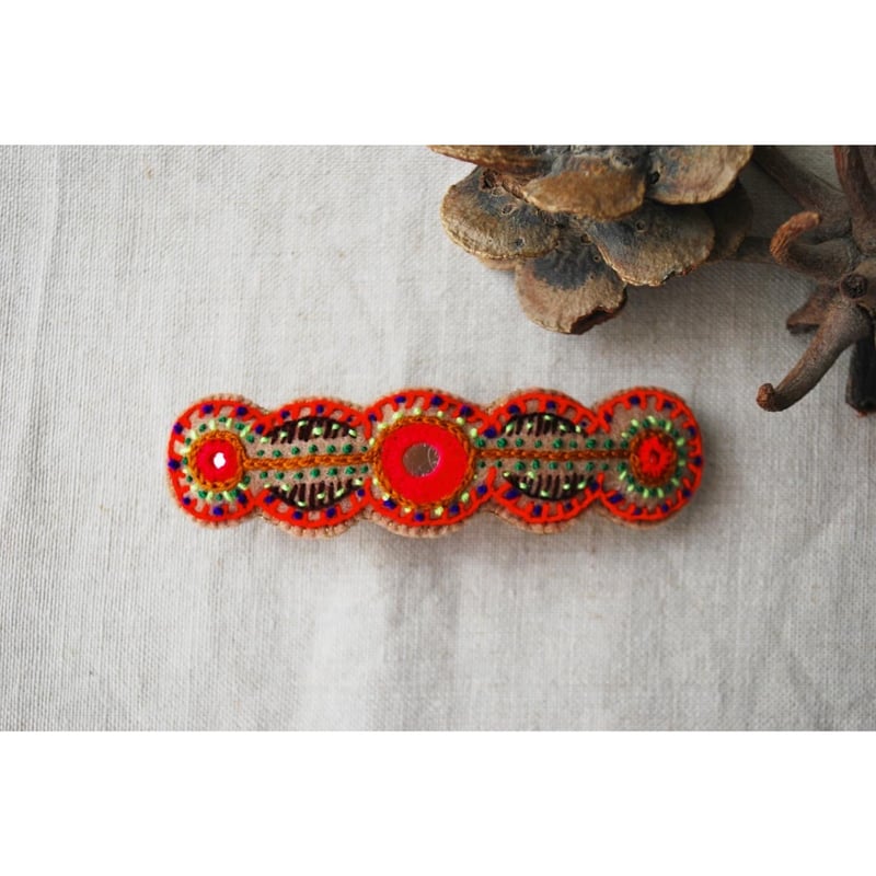ミラー刺繍のまるまるカラフルバレッタ オレンジ | macree