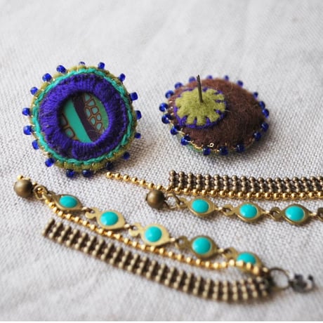 ビーズ刺繍チェーンタッセルピアス　ターコイズ
