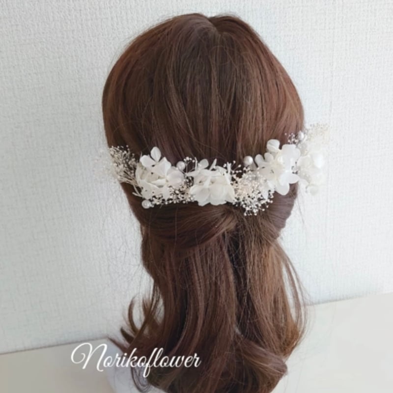 新作】チュールリボンとあじさいとかすみ草のヘッドドレス チュール