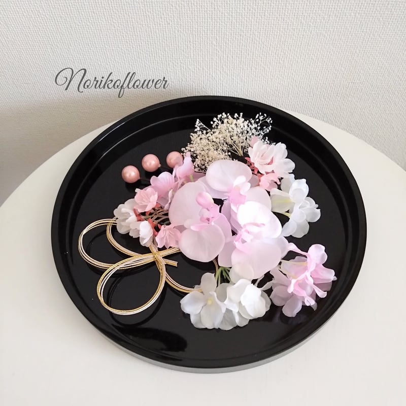 優しいピンク色 桜と胡蝶蘭 水引飾り かすみ草 ヘッドドレス 和装 成人