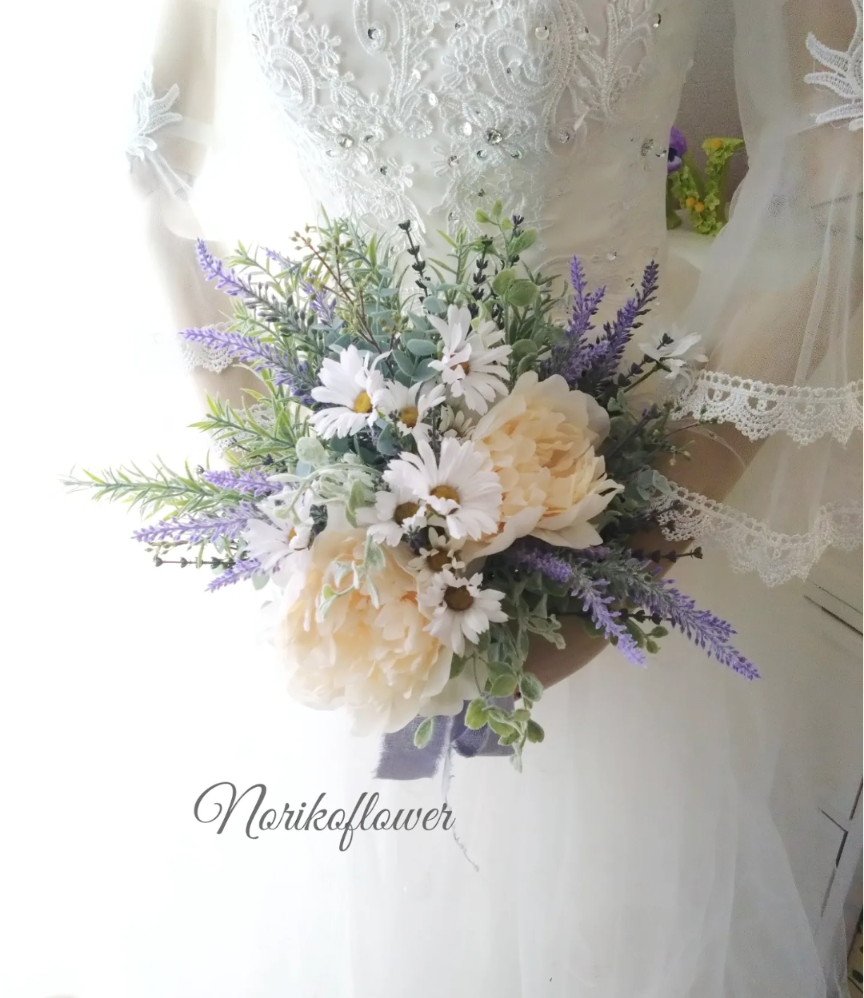 ウェディングブーケ アーティフィシャルフラワー ブートニア付き 芍薬 ラベンダー fit=scale-down,w=1200
