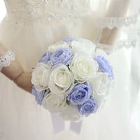 ホワイト　ブルー　ローズ　ラウンド　クラッチブーケ　ウェディングブーケ アーティフィシャルフラワー（高品質造花）