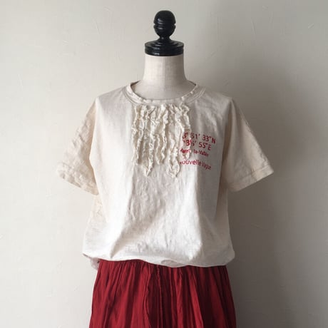 スラブ天竺ドルマンTee立ち切りフリル/RED PRINT