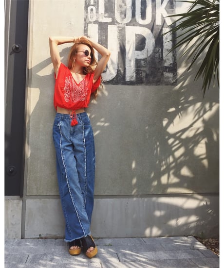 FRINGE DENIM WIDE PT