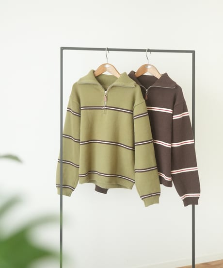 HALF ZIP BORDER KNIT