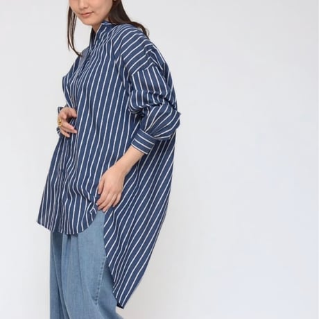 【これぞ大人シャツ！！】バックプリーツストライプブラウス - LEZ-2409B ネイビー - ~praia~