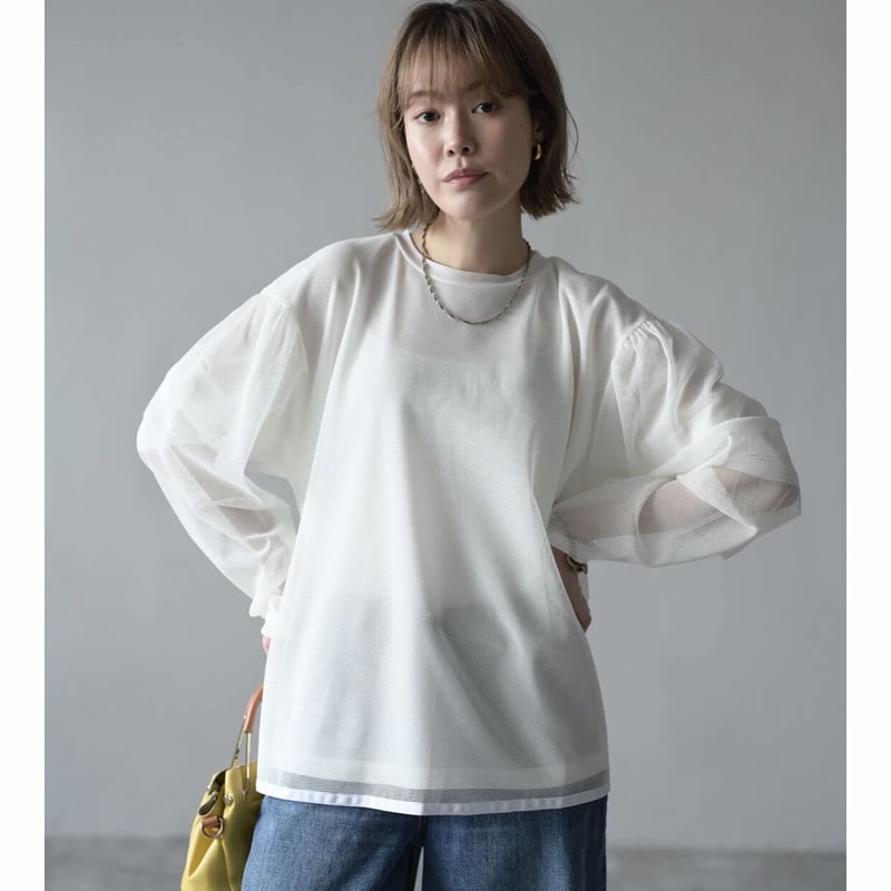 Tulle tops docking long sleeve cut sew (オフホワイト