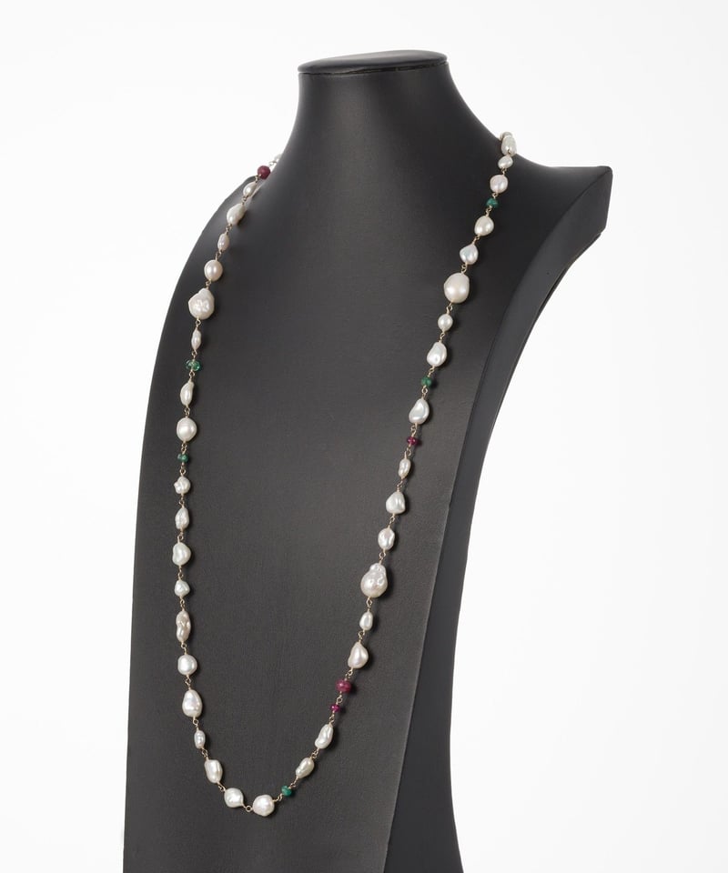 anq.】一点物 K14・K10 淡水パール・エメラルド・ルビーネックレス