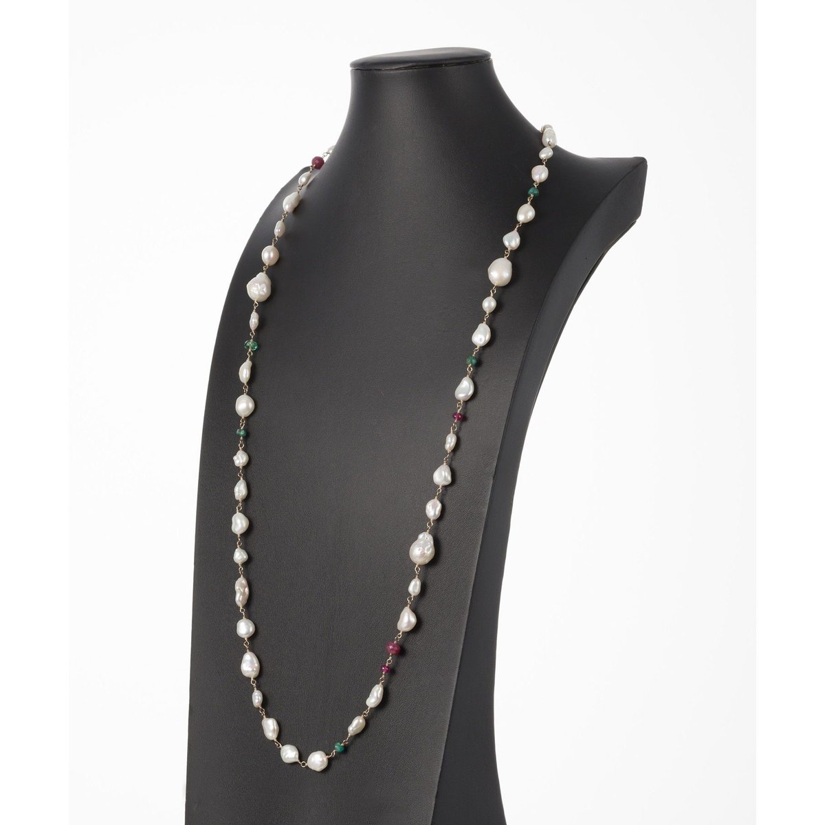 anq.】一点物 K14・K10 淡水パール・エメラルド・ルビーネックレス
