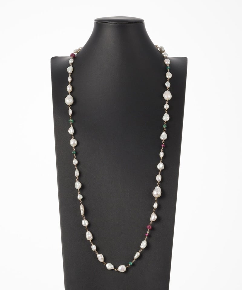 K14 淡水パールネックレス anq.】一点物 K14・K10 淡水パール・エメラルド・ルビーネックレス