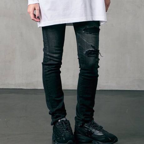 【VIRGOwearworks】 デニムパンツ "女神織denimes x VIRGOwearworks DAMAGE DENIM" / BLACK