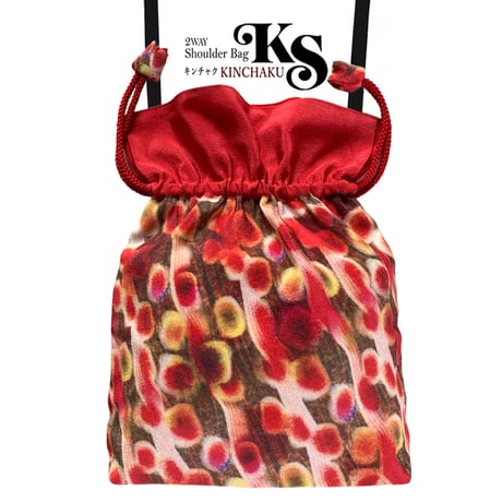 🌟2WAY  KINCHAKU 【Red Marbleレッドマーブル】本体内ポケット＋Pポーチ付 オリジナルプリント&ハンドメイド少数販売品