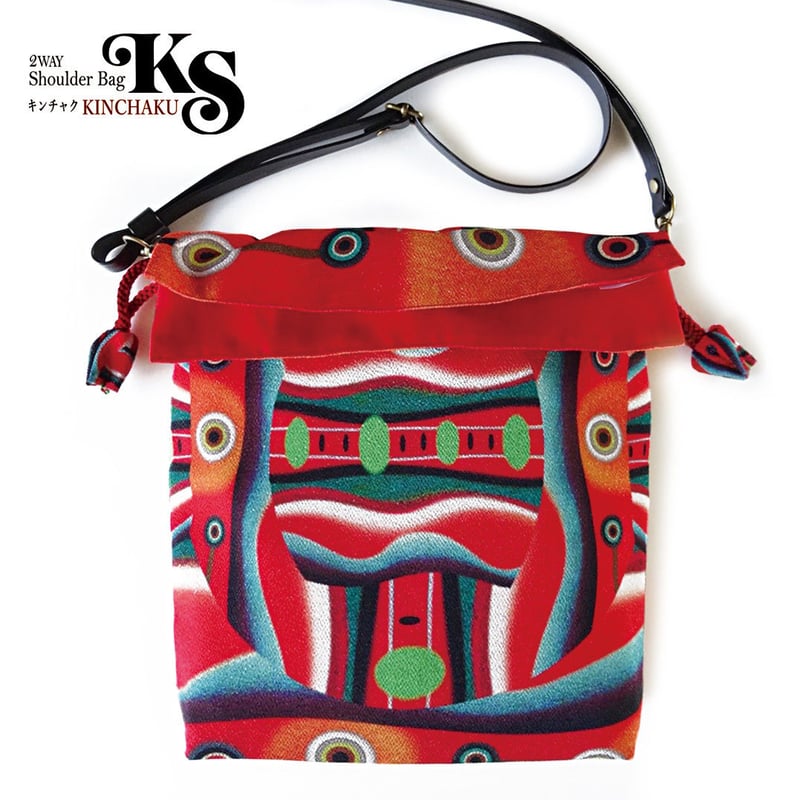 オルゴンリング 赤いポーチ No.58 ☆2WAY KINCHAKU 【 赤い顔 】 本体内ポケット＋Pポーチ付