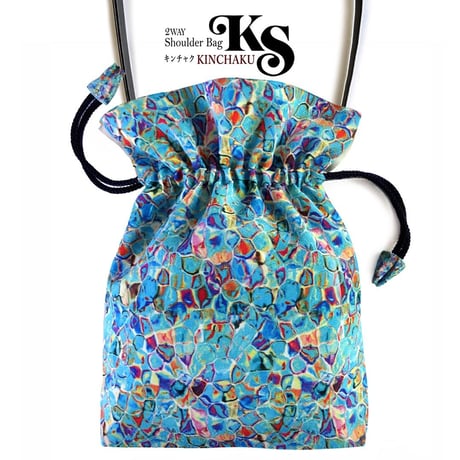 ★2WAY KINCHAKU【Blue Cells】本体内ポケット＋ Pポーチ付 オリジナルプリント ＆ハンドメイド少数販売品