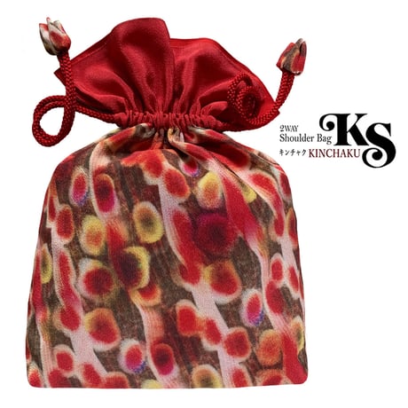 🌟2WAY  KINCHAKU 【Red Marbleレッドマーブル】本体内ポケット＋Pポーチ付 オリジナルプリント&ハンドメイド少数販売品
