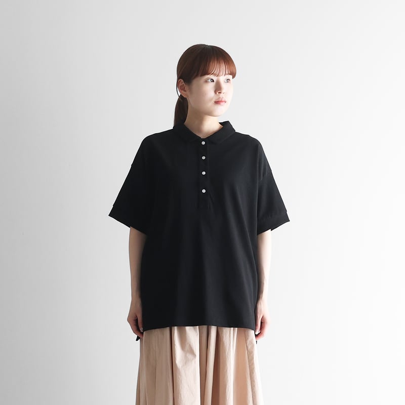 HUIS in house］綿麻天竺半袖ポロカットソー（ブラック）【レディス