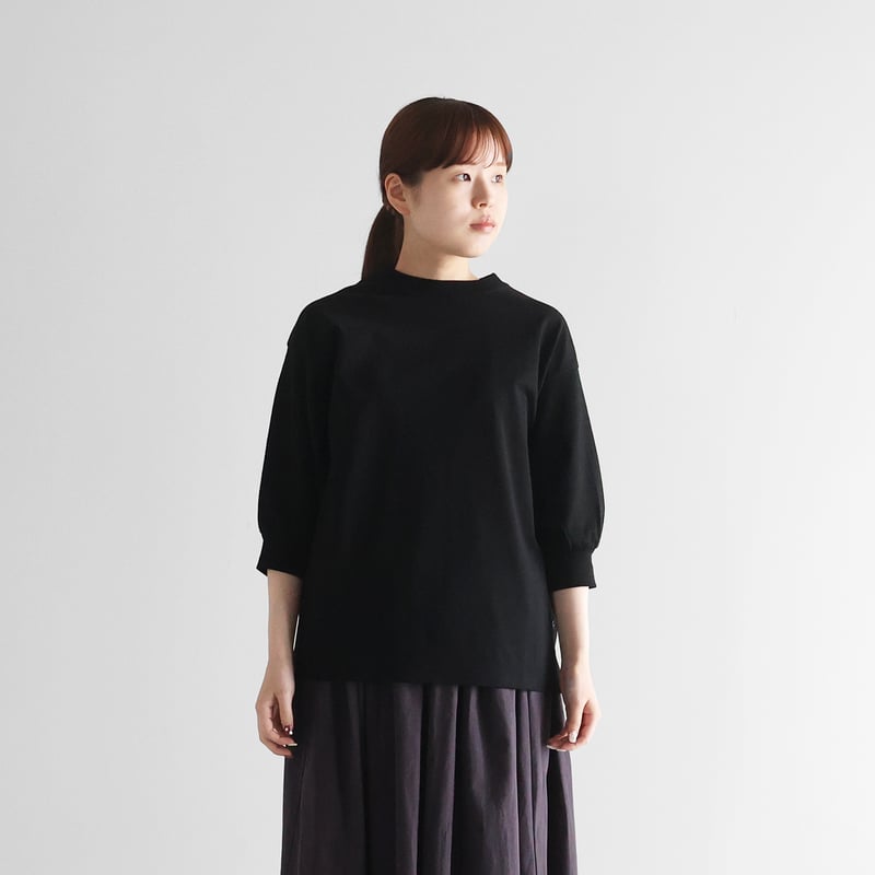 HUIS in house］綿麻天竺7分袖リブカットソー（ブラック）【レディス