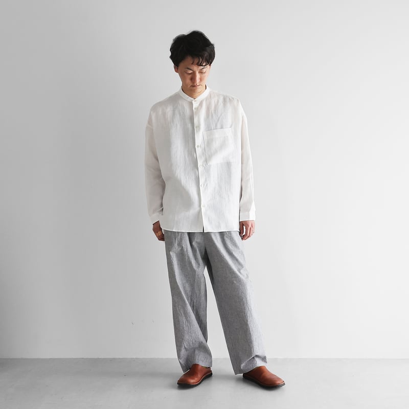 やわらかオールドレピアリネンバンドカラーオーバーシャツ（白）【ユニ